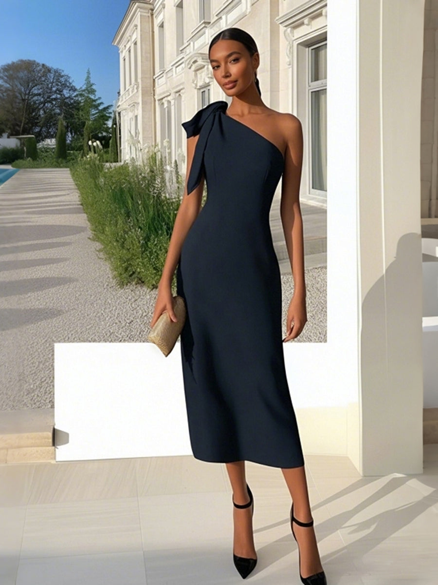 Sheath Tea Length One Shoulder Versatile Cocktail Dress