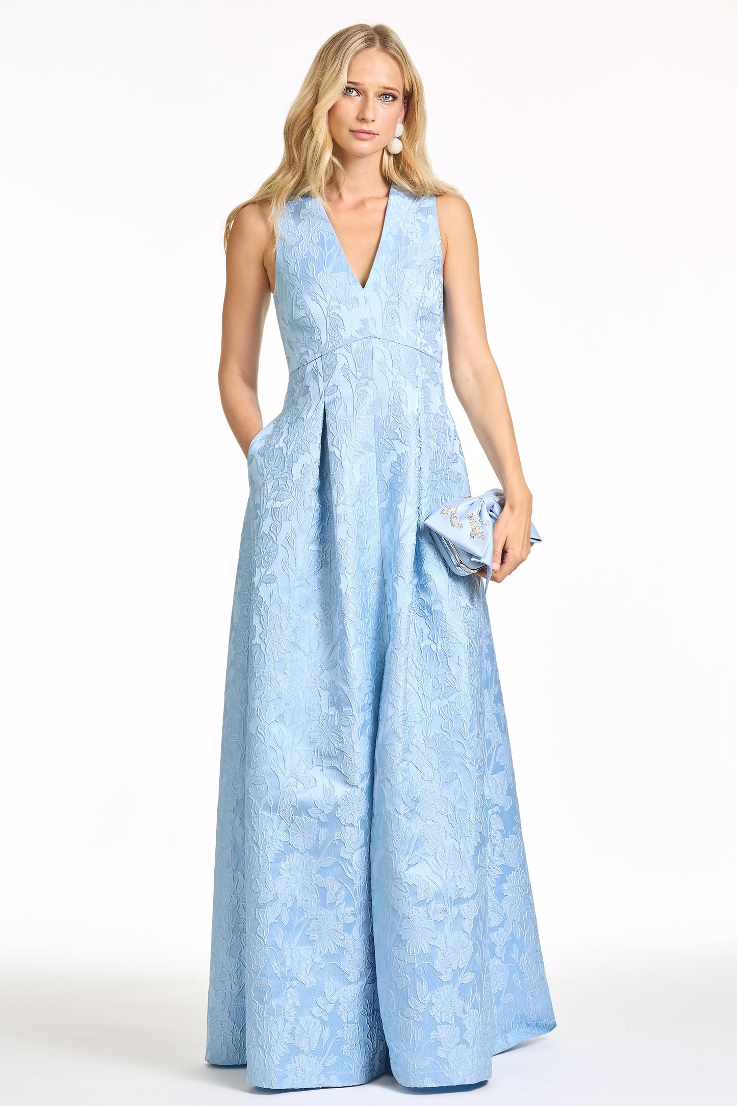 Light Blue V-Neck Jacquard A-Line Maxi Evening Gown with Pockets