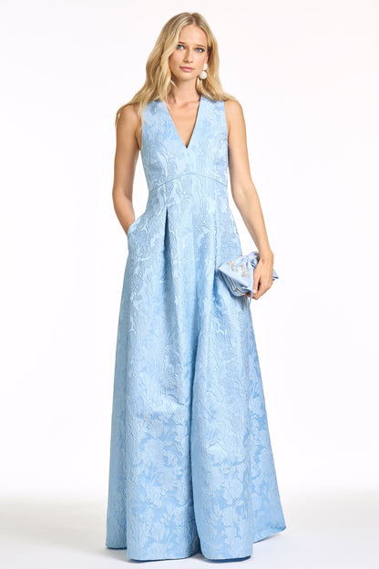 Light Blue V-Neck Jacquard A-Line Maxi Evening Gown with Pockets