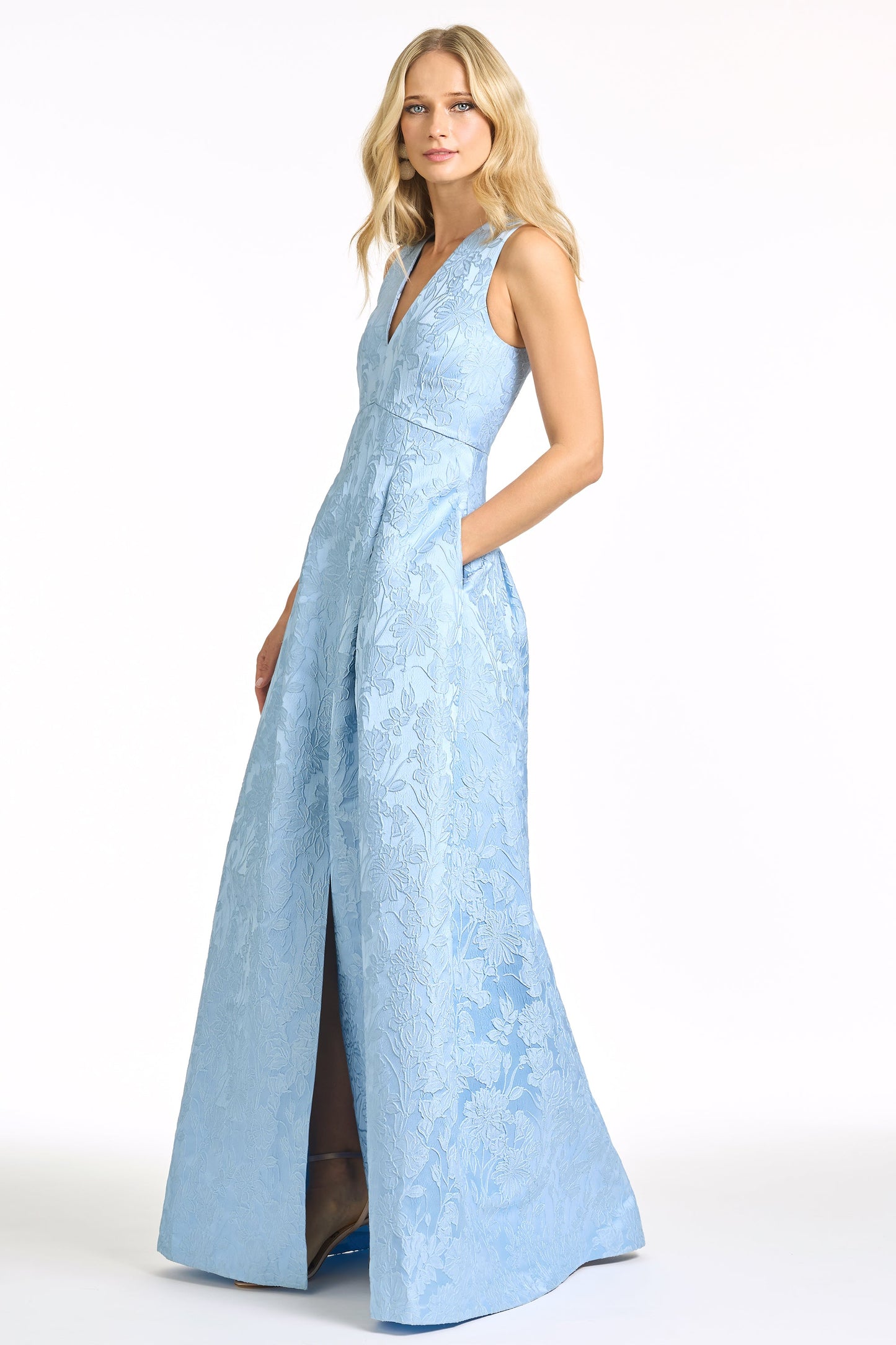 Light Blue V-Neck Jacquard A-Line Maxi Evening Gown with Pockets