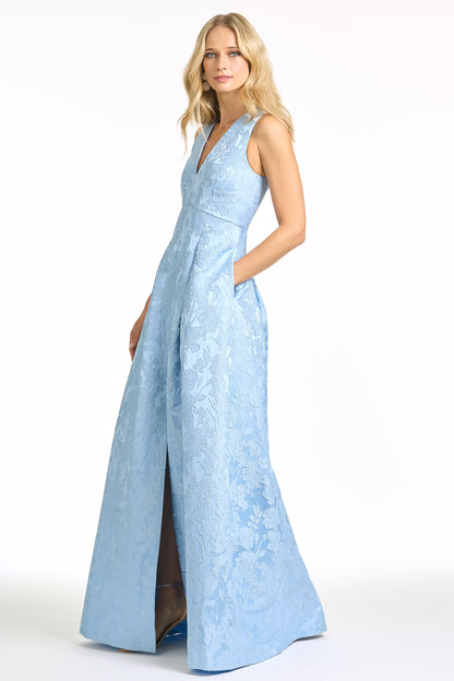 Light Blue V-Neck Jacquard A-Line Maxi Evening Gown with Pockets