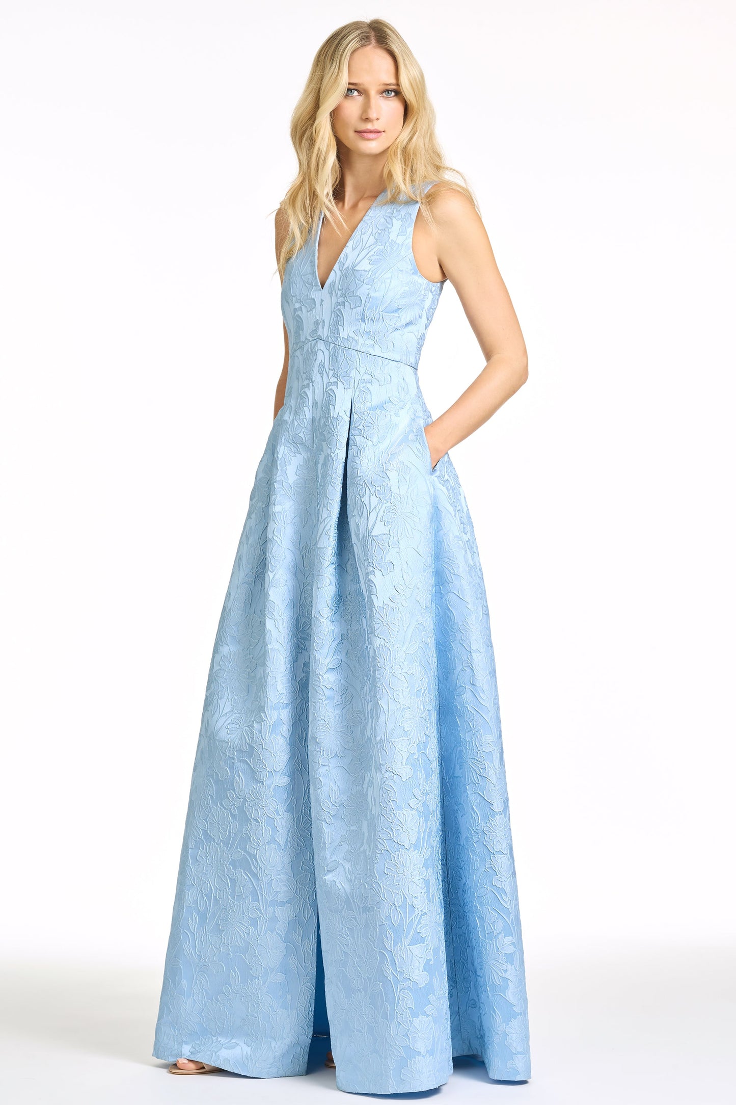 Light Blue V-Neck Jacquard A-Line Maxi Evening Gown with Pockets