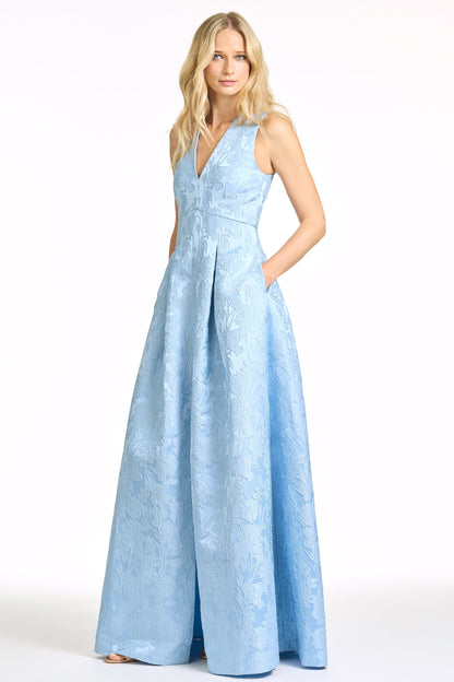 Light Blue V-Neck Jacquard A-Line Maxi Evening Gown with Pockets