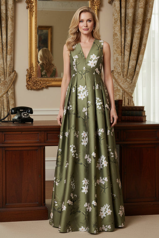 Olive Green Floral Print V-Neck A-Line Maxi Evening Gown with Pockets