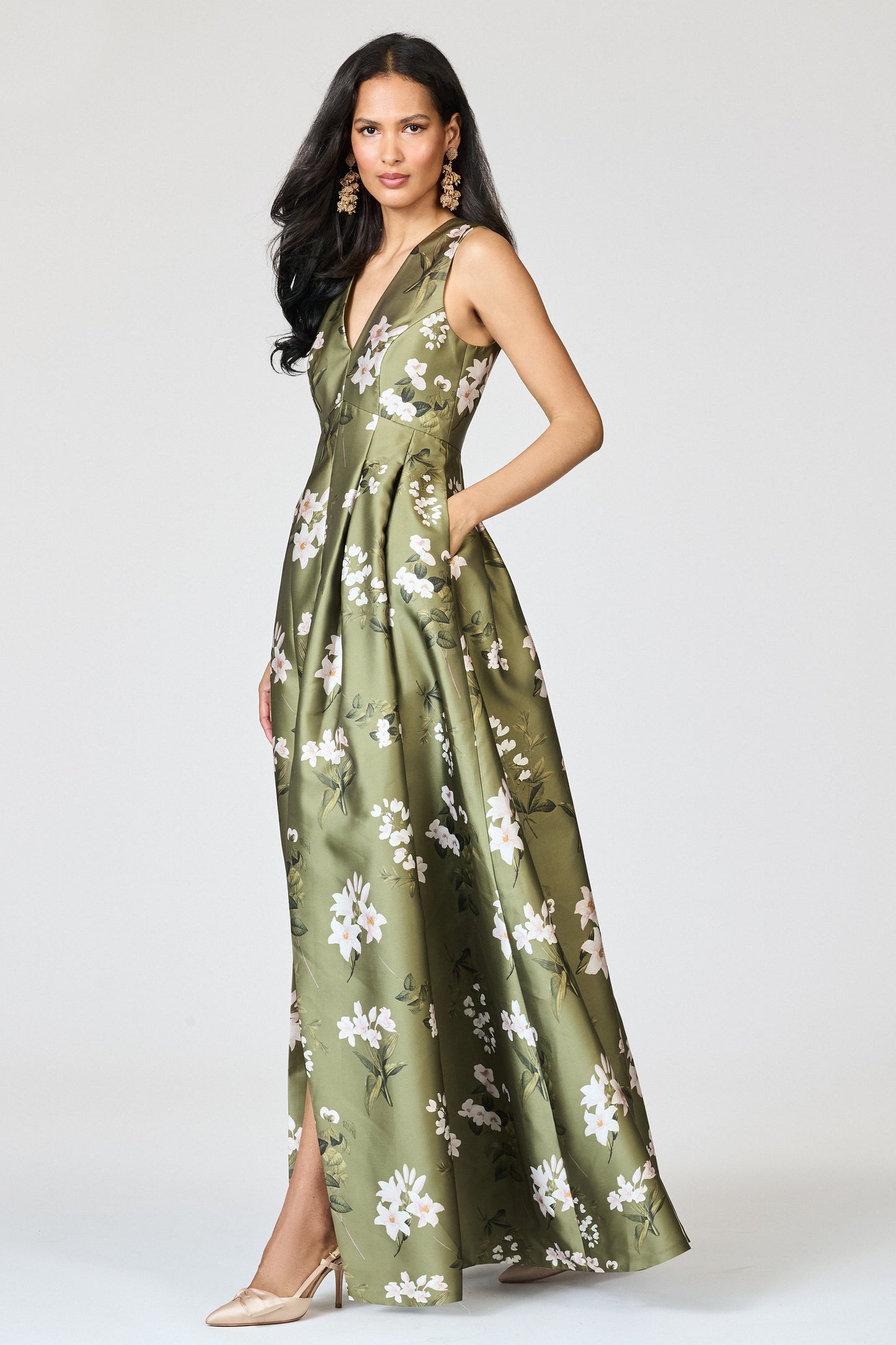 Olive Green Floral Print V-Neck A-Line Maxi Evening Gown with Pockets
