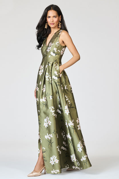 Olive Green Floral Print V-Neck A-Line Maxi Evening Gown with Pockets