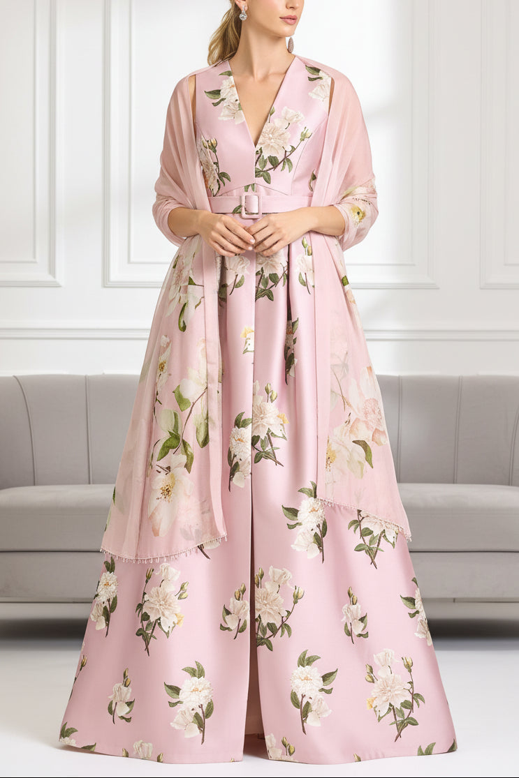 Pink Floral Print V-Neck Satin A-Line Maxi Evening Gown