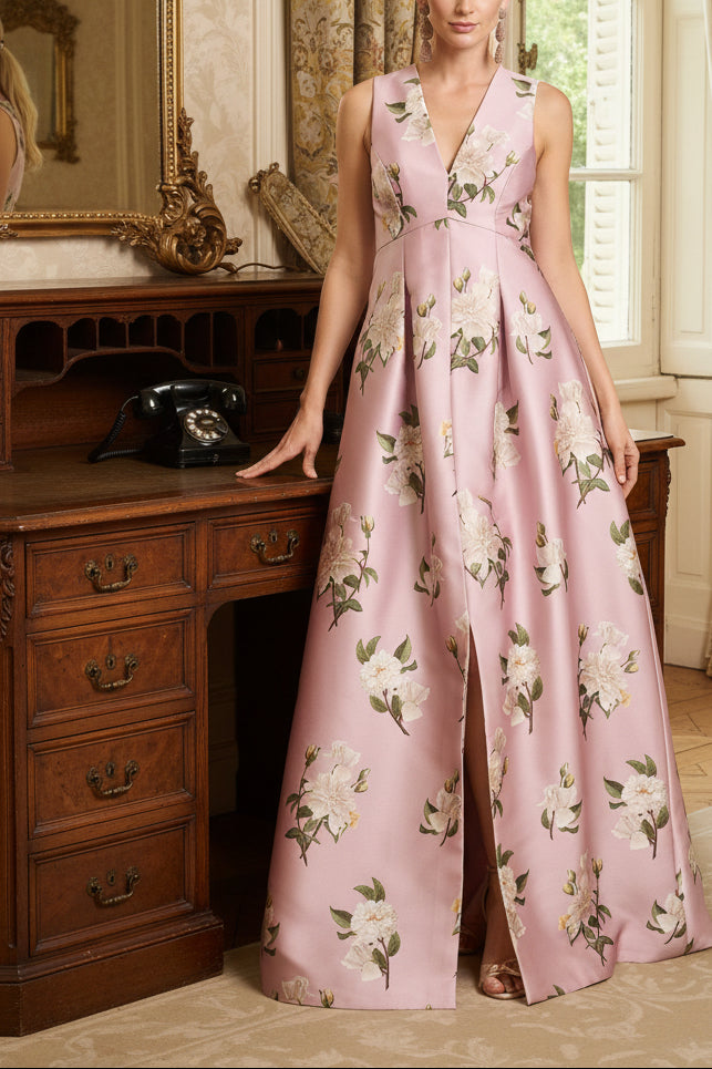 Pink Floral Print V-Neck Satin A-Line Maxi Evening Gown