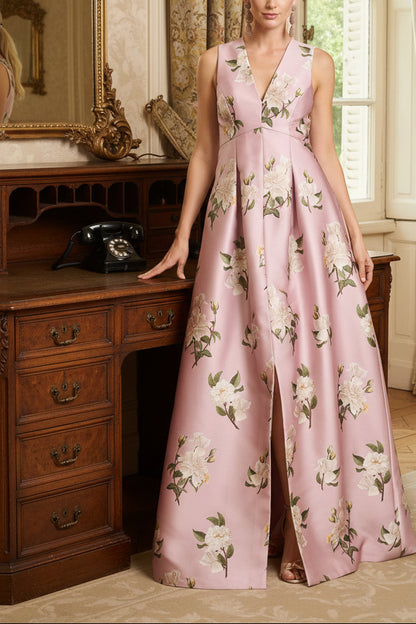 Pink Floral Print V-Neck Satin A-Line Maxi Evening Gown