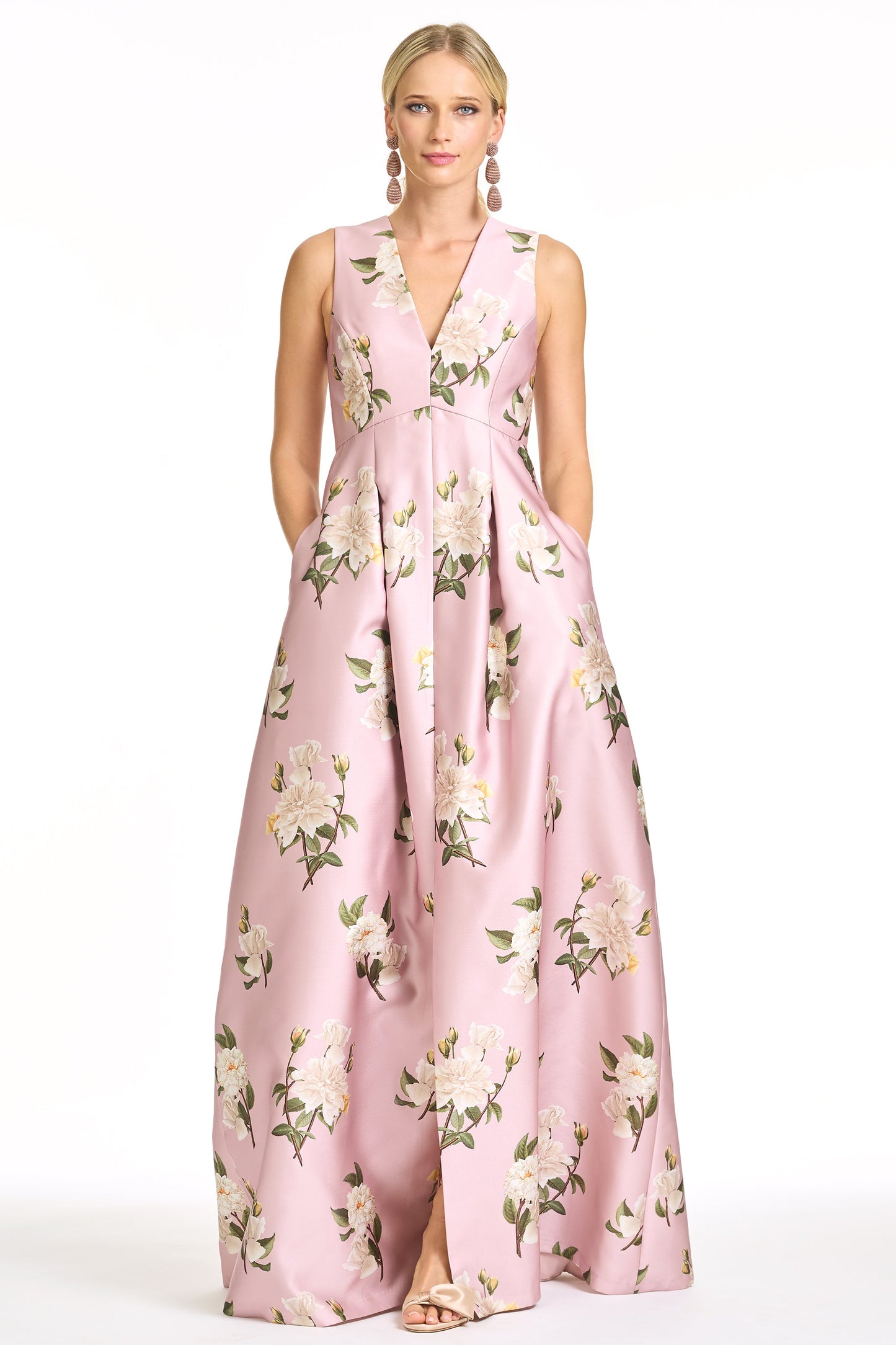 Pink Floral Print V-Neck Satin A-Line Maxi Evening Gown
