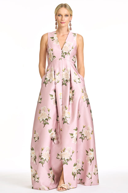 Pink Floral Print V-Neck Satin A-Line Maxi Evening Gown