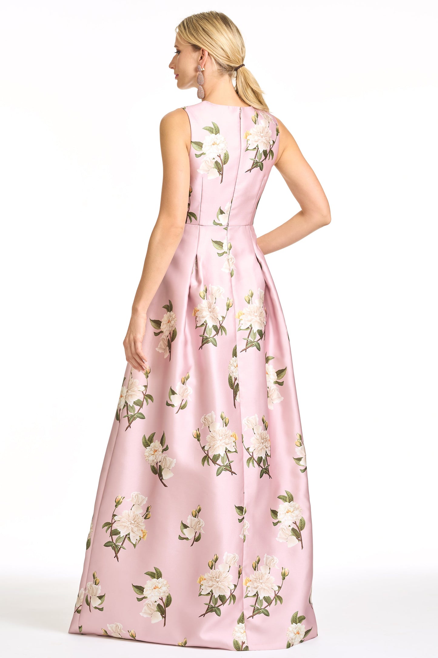 Pink Floral Print V-Neck Satin A-Line Maxi Evening Gown