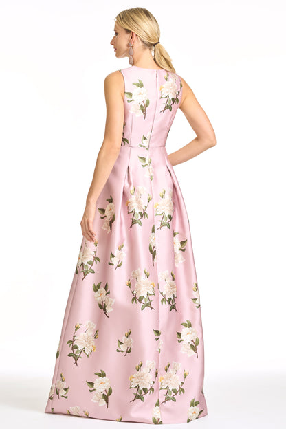 Pink Floral Print V-Neck Satin A-Line Maxi Evening Gown