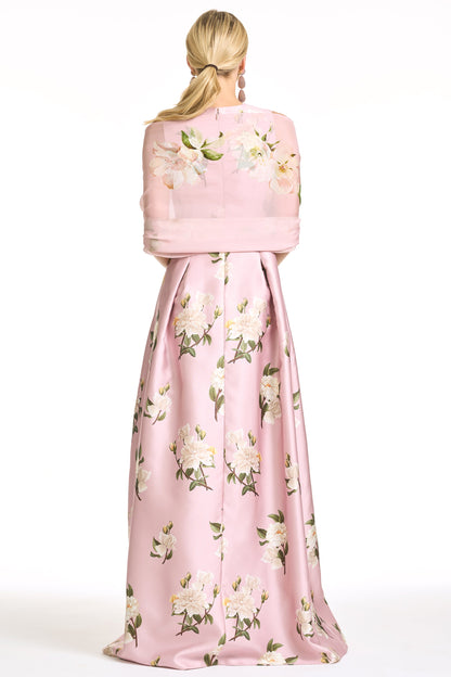 Pink Floral Print V-Neck Satin A-Line Maxi Evening Gown