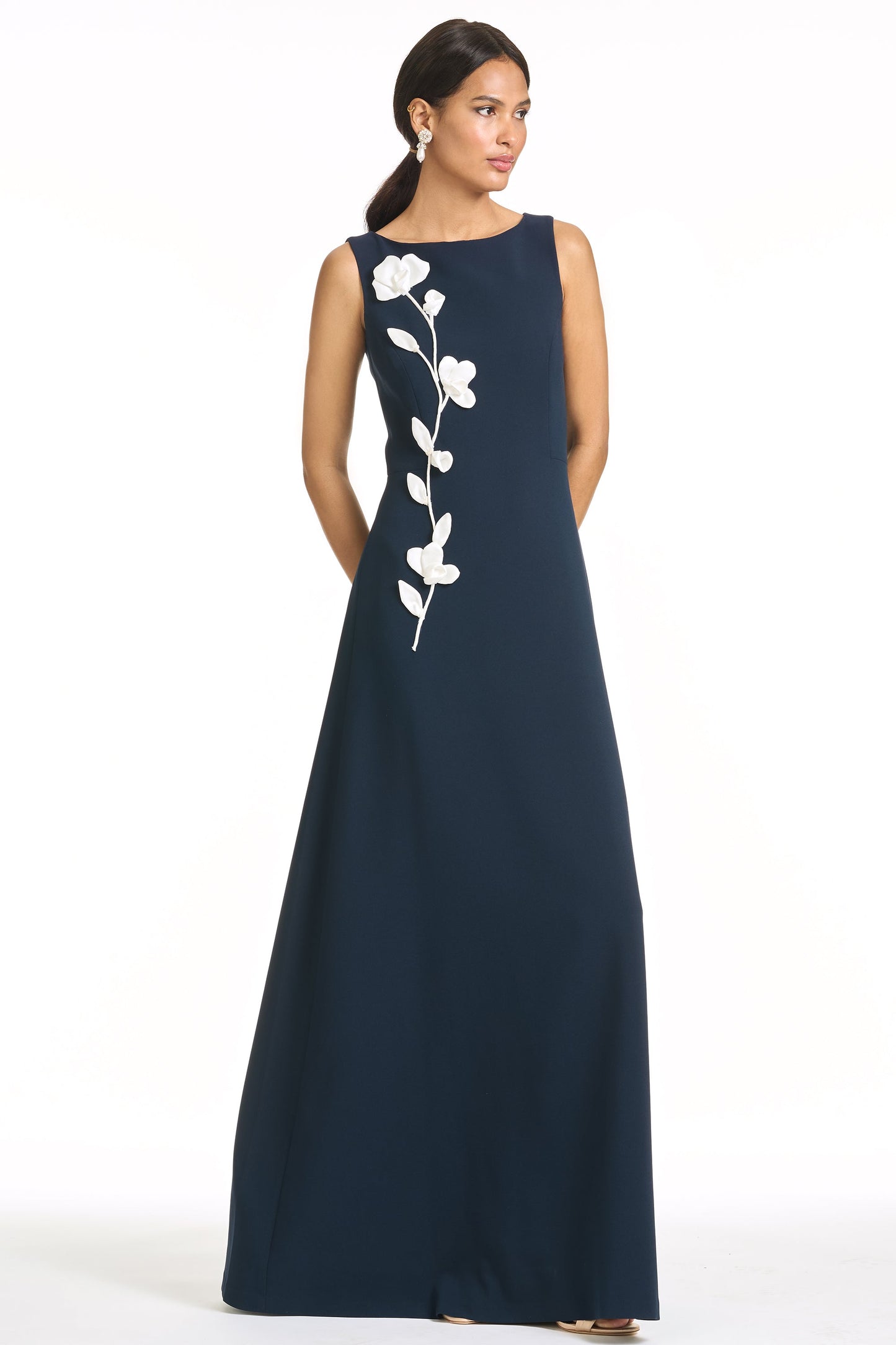 Navy Blue Sleeveless Maxi Evening Gown with 3D Floral Appliqué