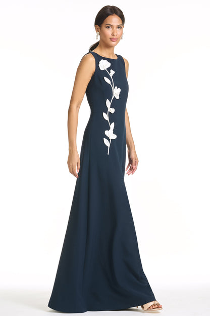 Navy Blue Sleeveless Maxi Evening Gown with 3D Floral Appliqué