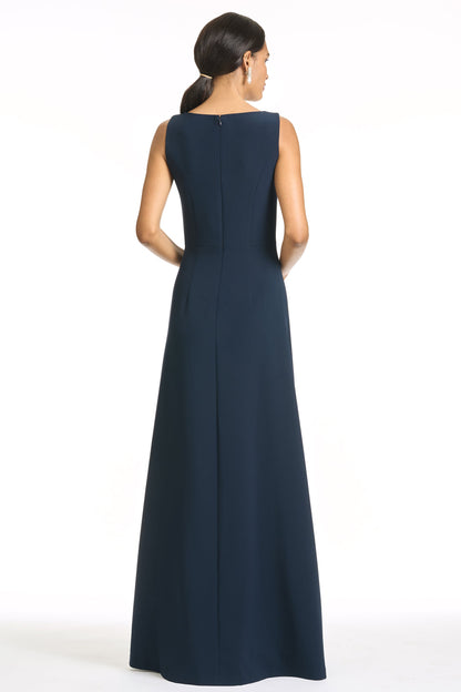 Navy Blue Sleeveless Maxi Evening Gown with 3D Floral Appliqué