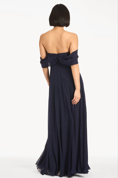 Navy Blue Off-the-Shoulder Chiffon Maxi Evening Gown with 3D Flower Detail
