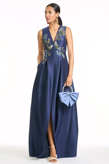 Navy Blue V-Neck Satin Evening Gown with Embroidery Appliqué