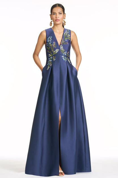 Navy Blue V-Neck Satin Evening Gown with Embroidery Appliqué