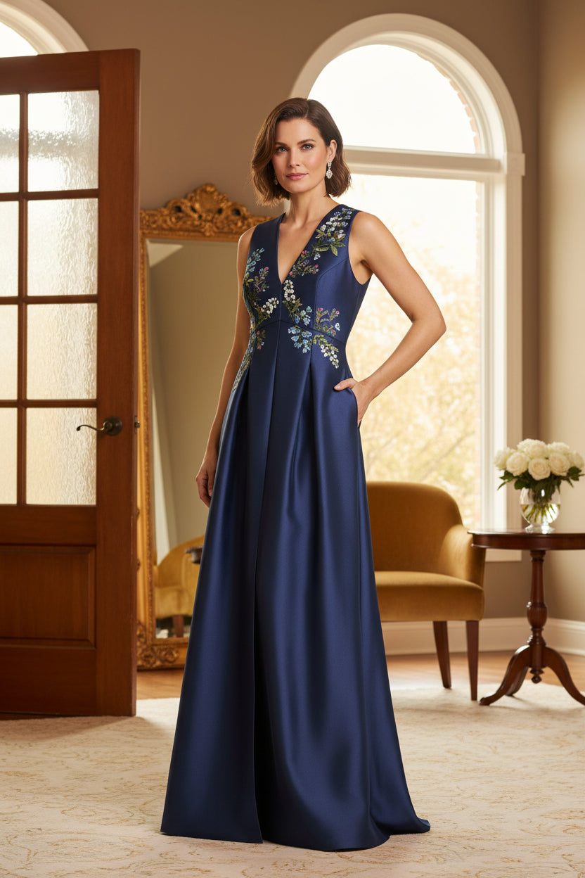 Navy Blue V-Neck Satin Evening Gown with Embroidery Appliqué
