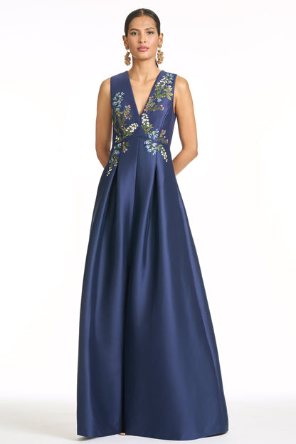 Navy Blue V-Neck Satin Evening Gown with Embroidery Appliqué
