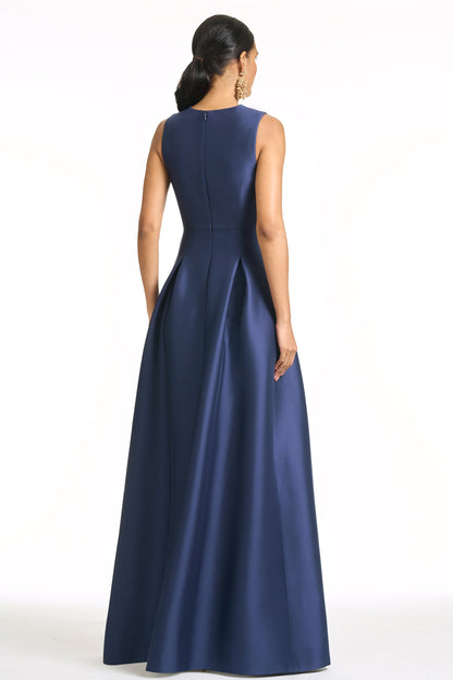 Navy Blue V-Neck Satin Evening Gown with Embroidery Appliqué