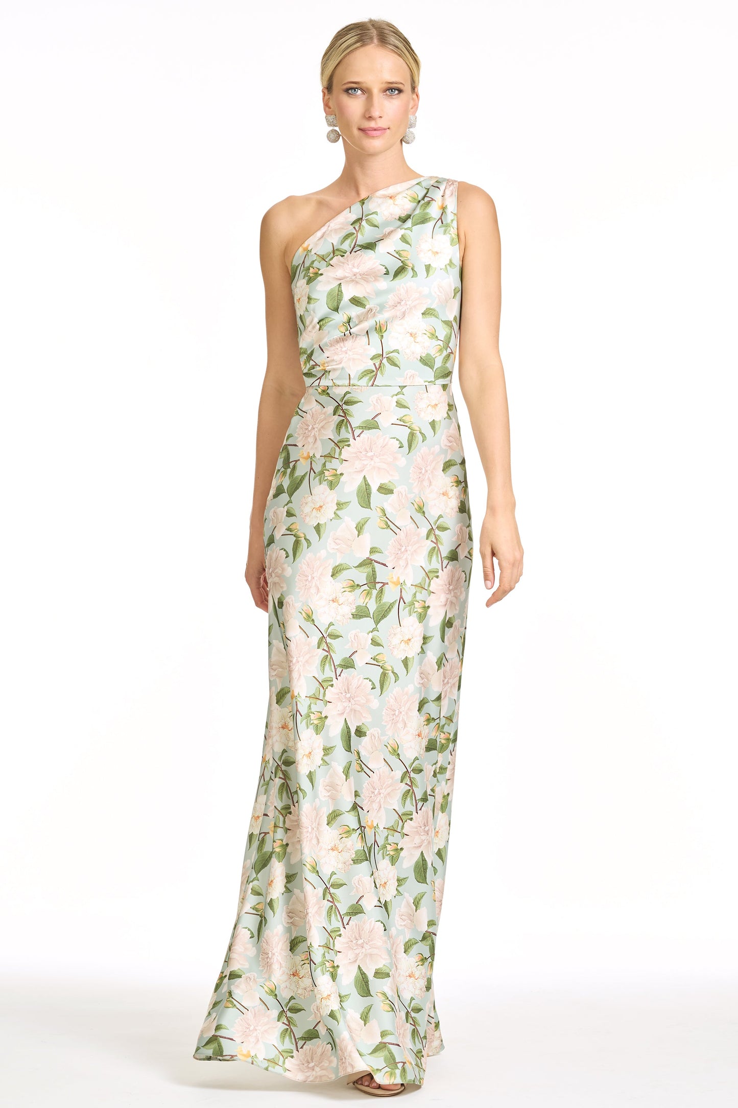 Elegant Sage Green Floral Bridesmaid Dress, One Shoulder Formal Evening Gown