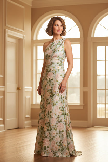 Elegant Sage Green Floral Bridesmaid Dress, One Shoulder Formal Evening Gown
