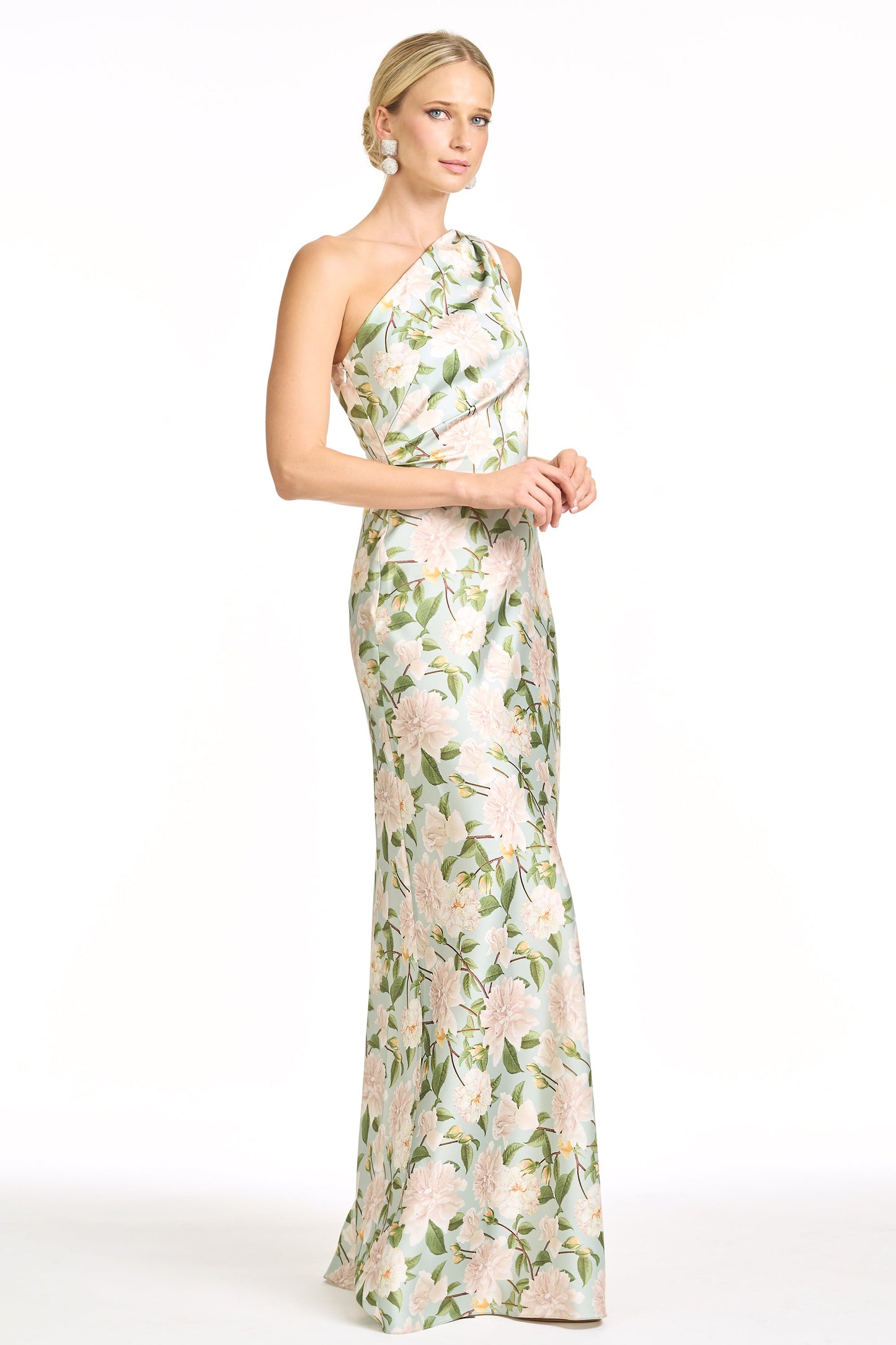 Elegant Sage Green Floral Bridesmaid Dress, One Shoulder Formal Evening Gown