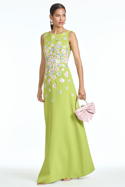 Lime Green Boat Neck Satin Evening Gown with 3D Floral Appliqué