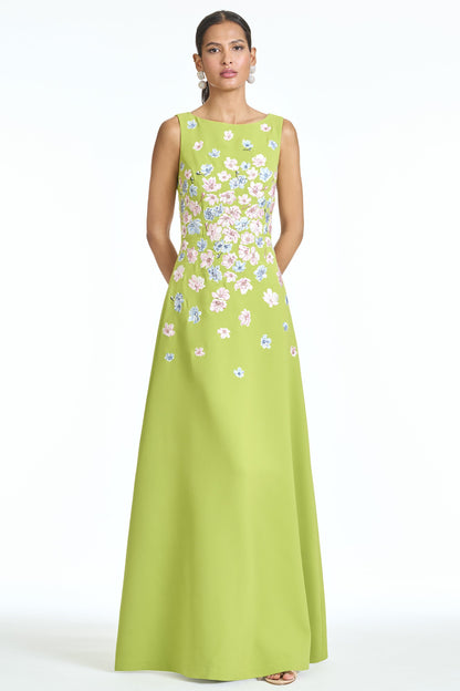 Lime Green Boat Neck Satin Evening Gown with 3D Floral Appliqué