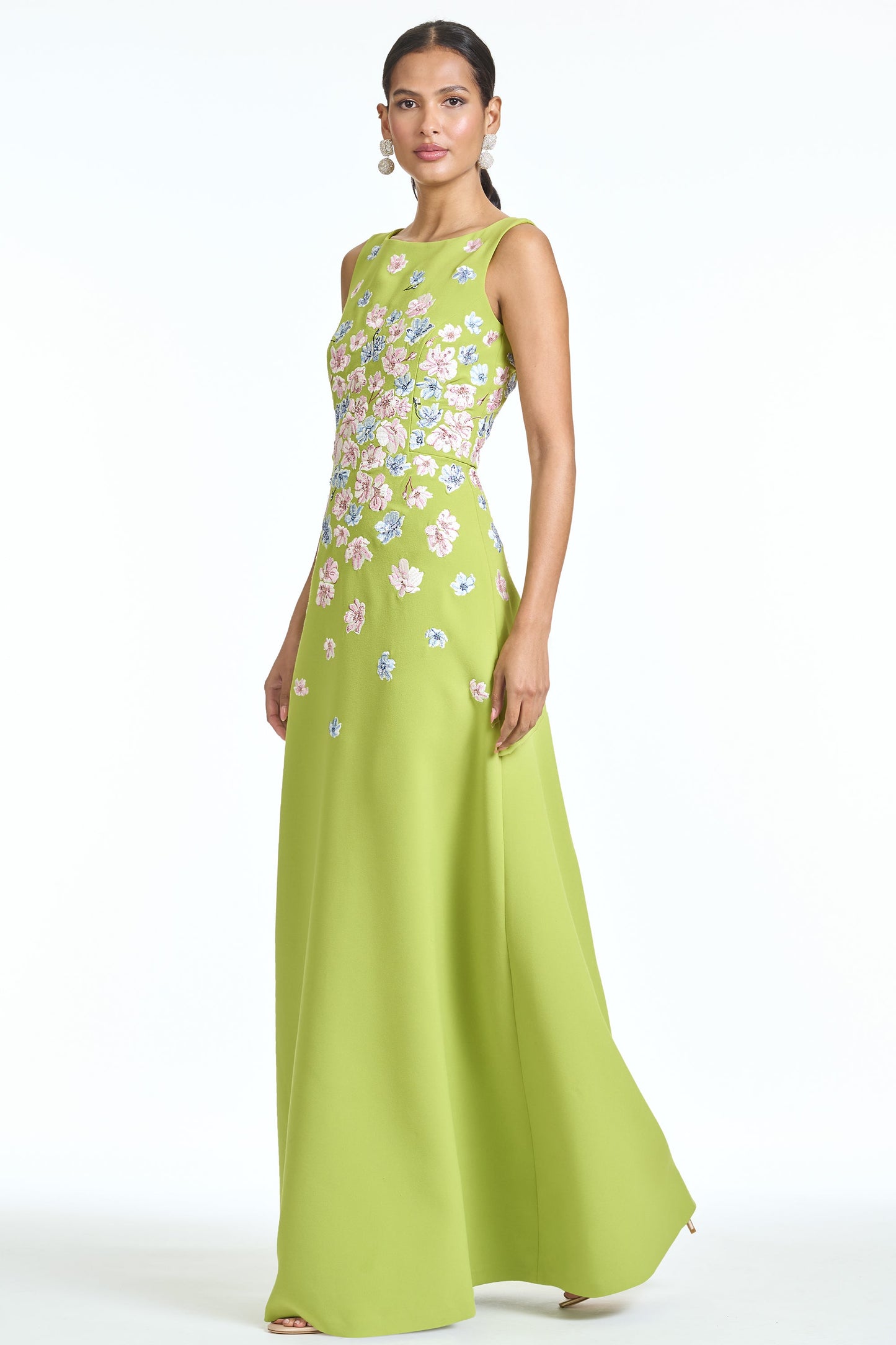 Lime Green Boat Neck Satin Evening Gown with 3D Floral Appliqué