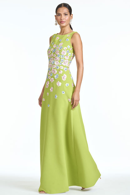 Lime Green Boat Neck Satin Evening Gown with 3D Floral Appliqué