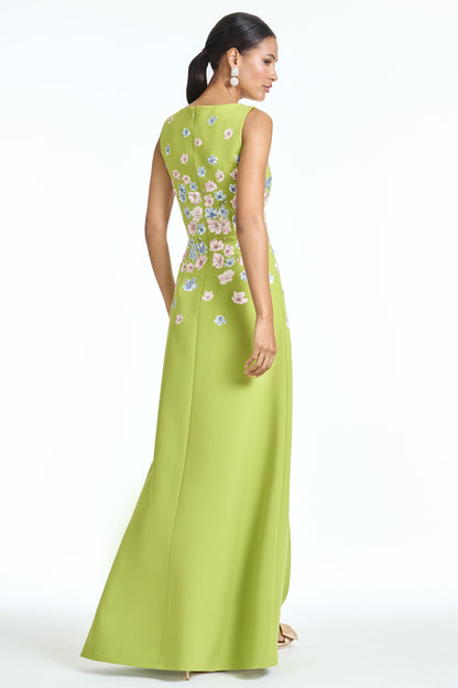 Lime Green Boat Neck Satin Evening Gown with 3D Floral Appliqué