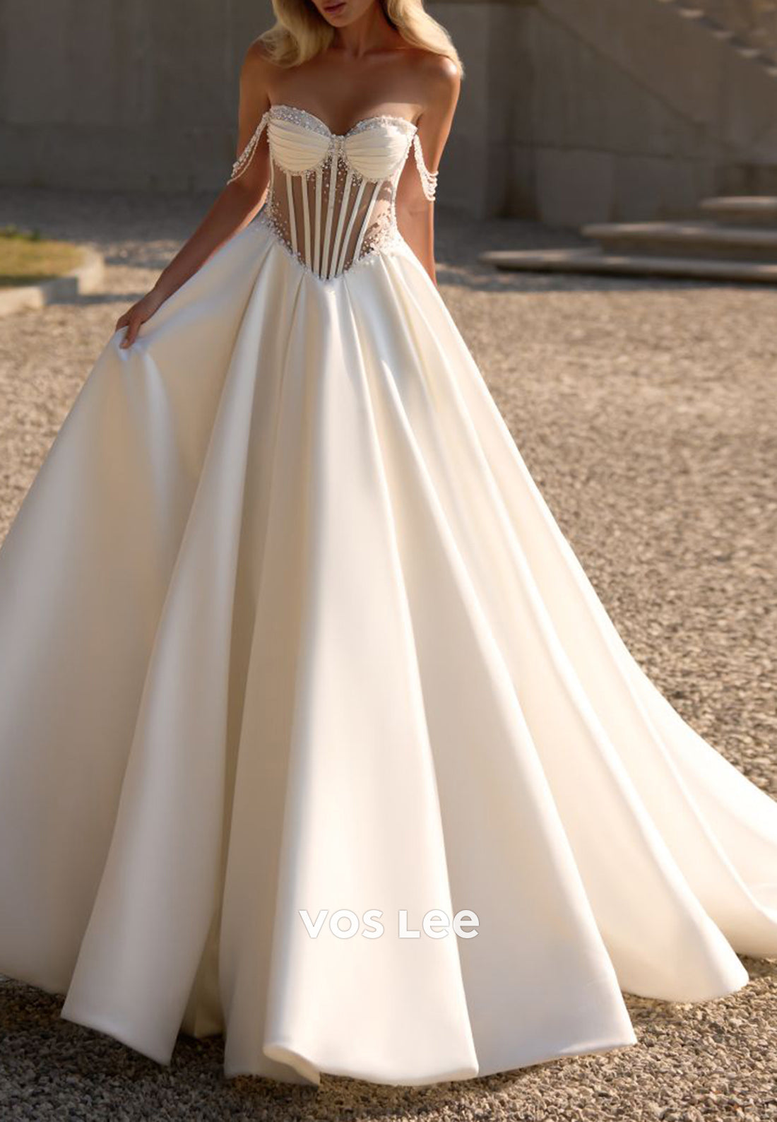 A-Line Off the Shoulder Sweetheart Rhinestone Pearls Wedding Dresses with Chapel Train