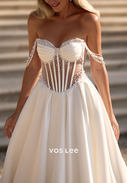 A-Line Off the Shoulder Sweetheart Rhinestone Pearls Wedding Dresses with Chapel Train
