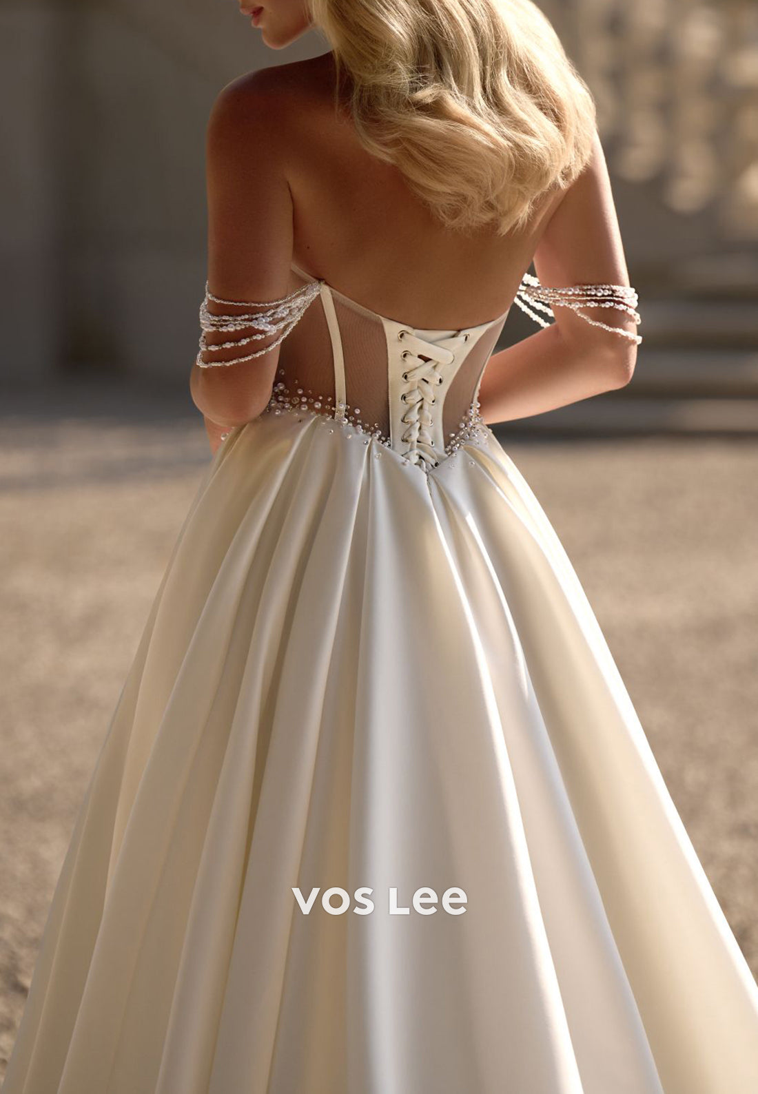 A-Line Off the Shoulder Sweetheart Rhinestone Pearls Wedding Dresses with Chapel Train