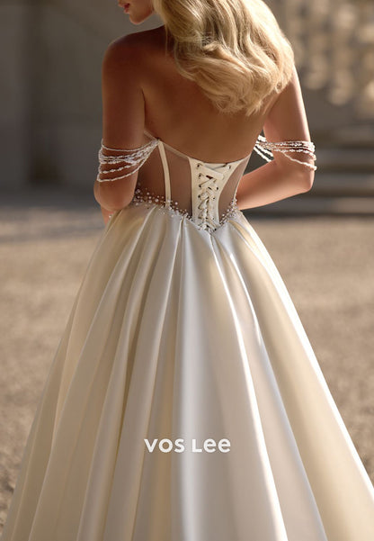 A-Line Off the Shoulder Sweetheart Rhinestone Pearls Wedding Dresses with Chapel Train