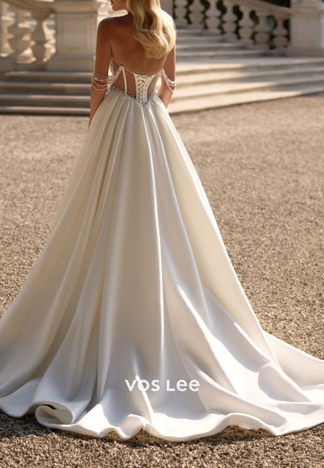 A-Line Off the Shoulder Sweetheart Rhinestone Pearls Wedding Dresses with Chapel Train