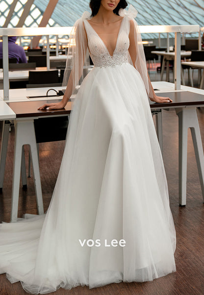A-Line V Neck Rhinestone Tulle Wedding Dresses with Court Train