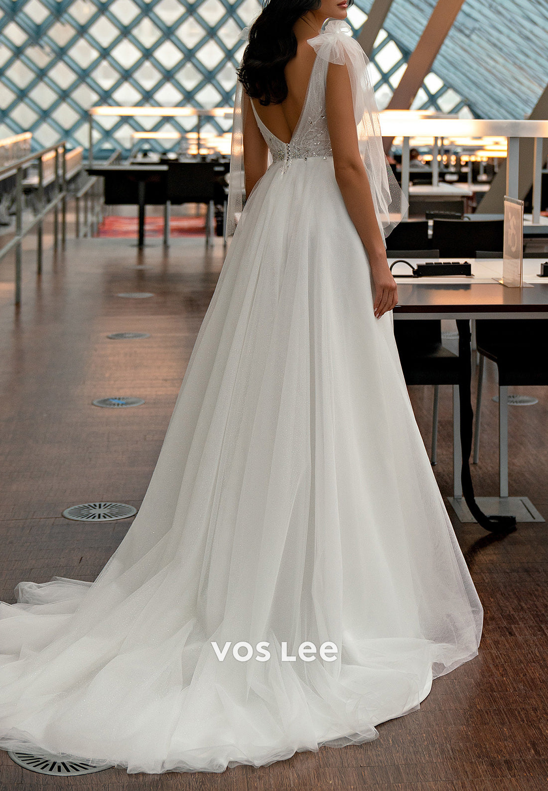 A-Line V Neck Rhinestone Tulle Wedding Dresses with Court Train