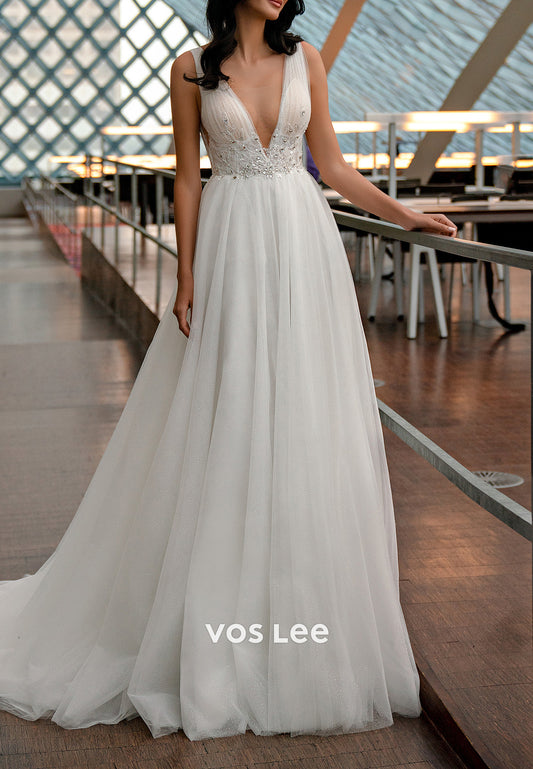 A-Line V Neck Rhinestone Tulle Wedding Dresses with Court Train