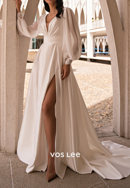 A-Line Long Sleeve V Neck Pleated Wedding Dresses with High Split