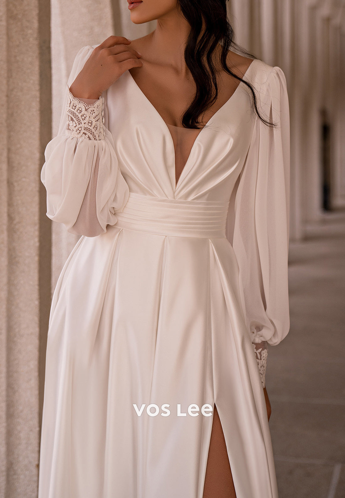 A-Line Long Sleeve V Neck Pleated Wedding Dresses with High Split