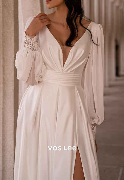 A-Line Long Sleeve V Neck Pleated Wedding Dresses with High Split