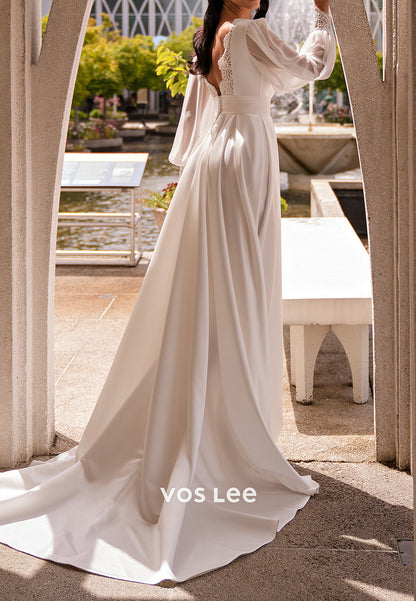 A-Line Long Sleeve V Neck Pleated Wedding Dresses with High Split