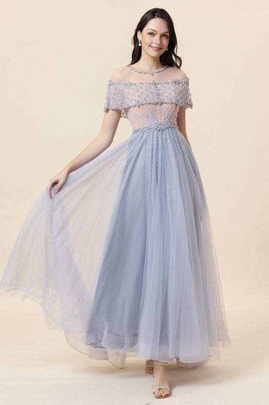 Sparkly Grey A-Line Beaded Long Tulle Evening Dress