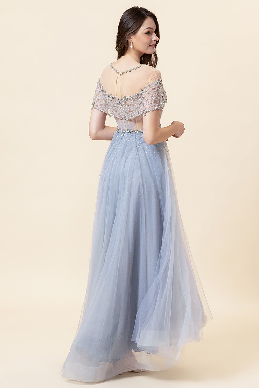 Sparkly Grey A-Line Beaded Long Tulle Evening Dress