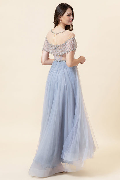 Sparkly Grey A-Line Beaded Long Tulle Evening Dress